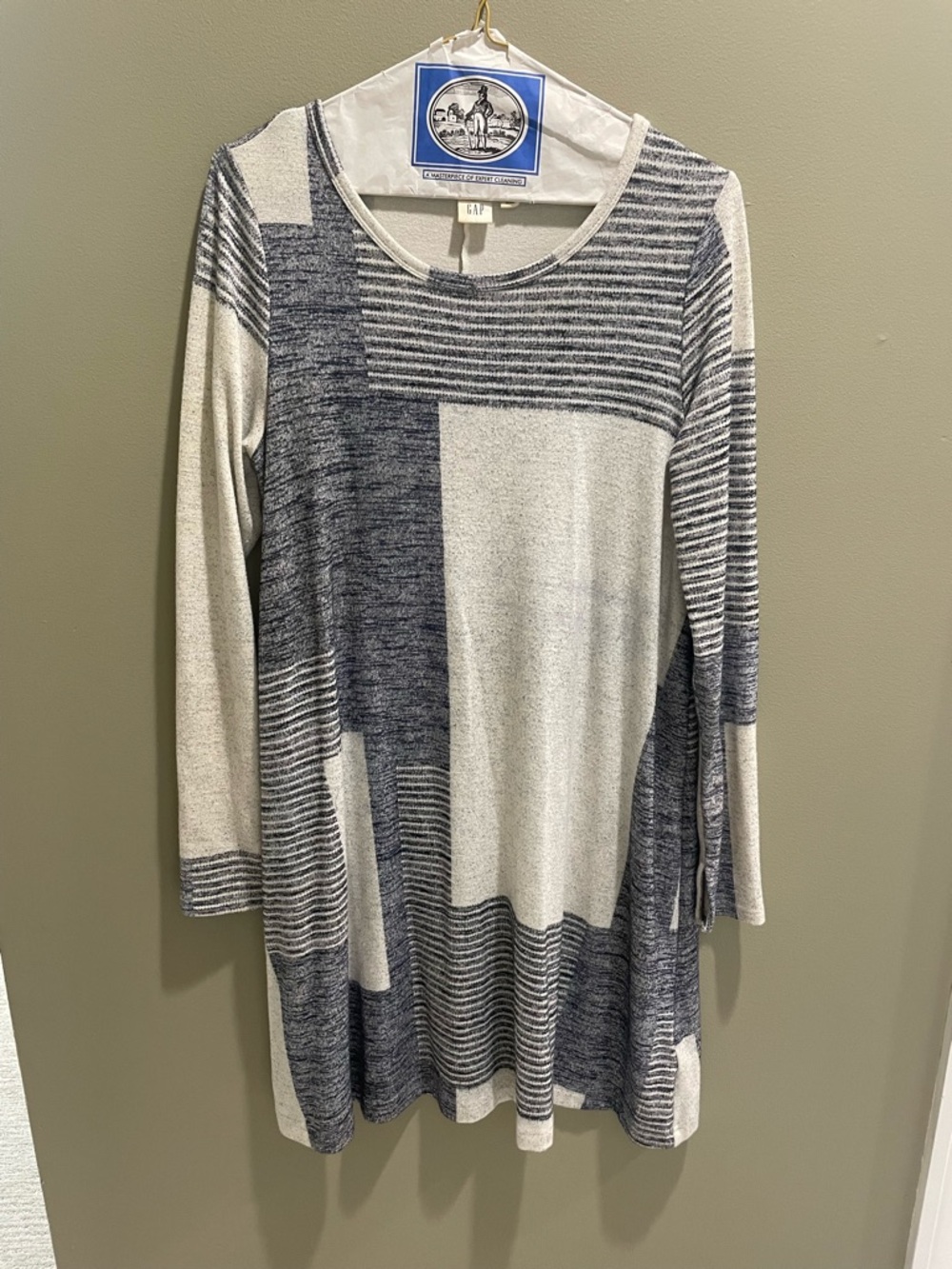 GAP Blue & Cream Patchwork-Striped Long Sleeve Dress